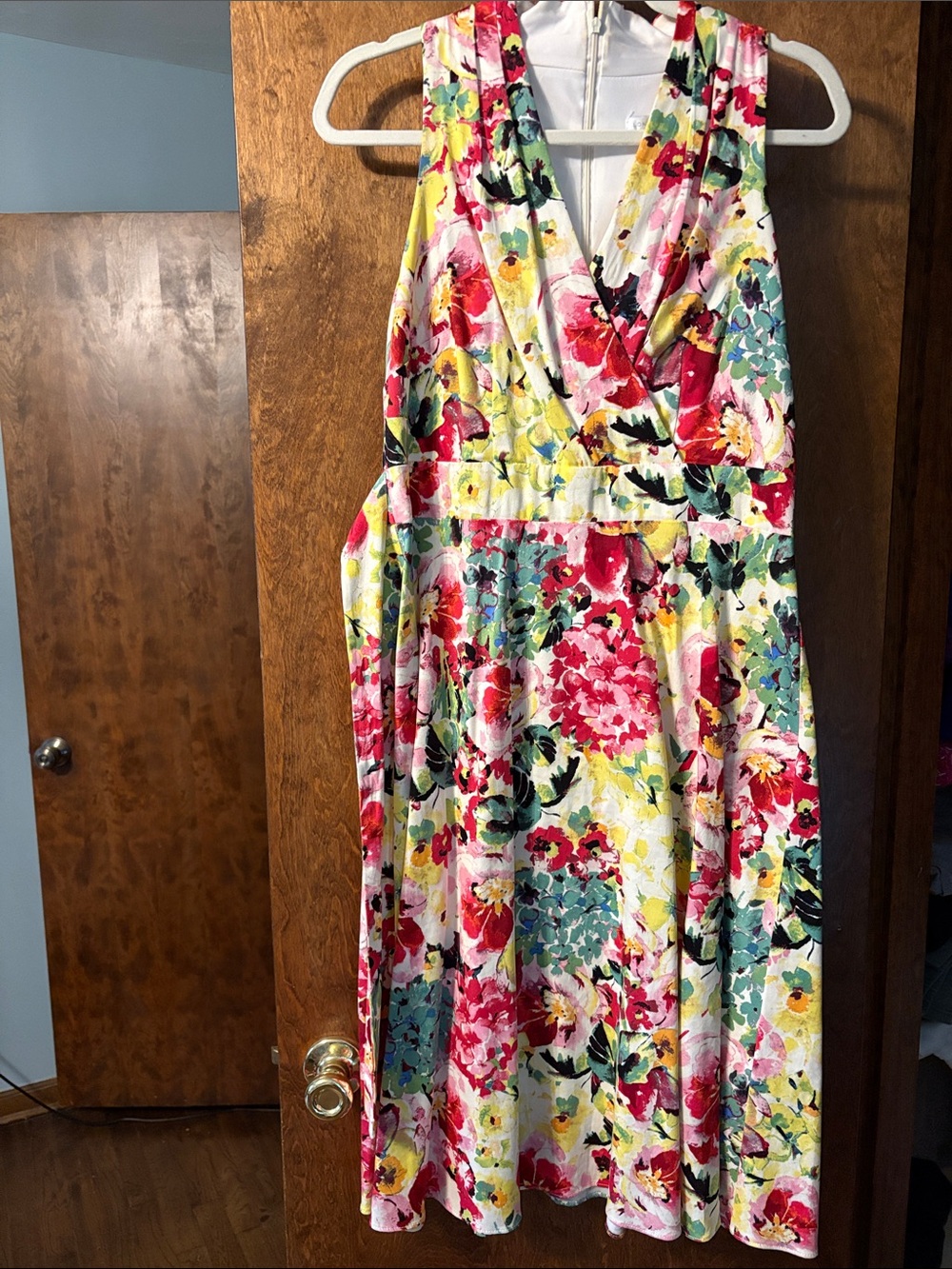 London Times Floral Fit-and-Flare Dress in White, Pink, Yellow, Green, Blue
